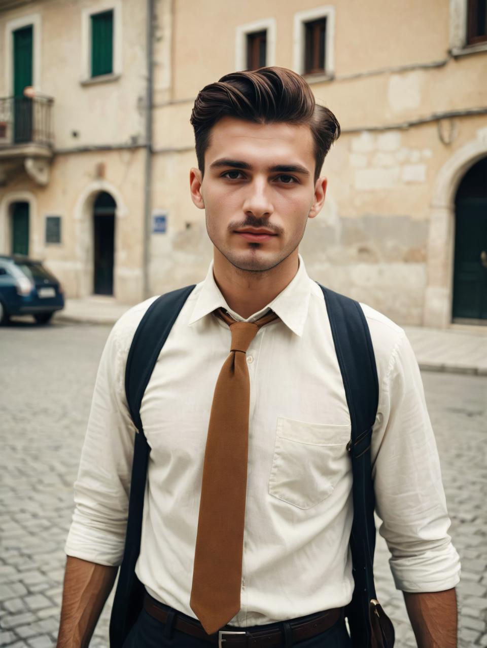 Face Swap, Vintage Style, Photographic Art , People, man, vintage style, 1boy, necktie, male focus, shirt, solo, facial hair, realistic, looking at viewer, belt, white shirt, blurry background, pants, outdoors, blurry, collared shirt, photo background, short hair, brown necktie, bag, brown hair, backpack, brown belt, black hair