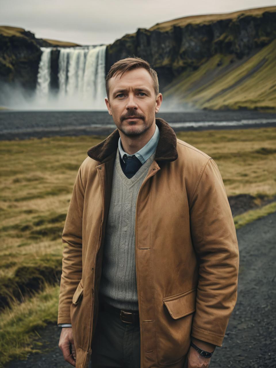 Face Swap, Vintage Style, Photographic Art , People, man, vintage style, 1boy, male focus, solo, facial hair, necktie, watch, outdoors, shirt, pants, wristwatch, looking at viewer, jacket, belt, collared shirt, white shirt, short hair, brown hair, realistic, water, blurry background, brown jacket, black pants, beard, coat, blurry, grass, standing, vest, long sleeves, day, open clothes, brown coat, clenched hands