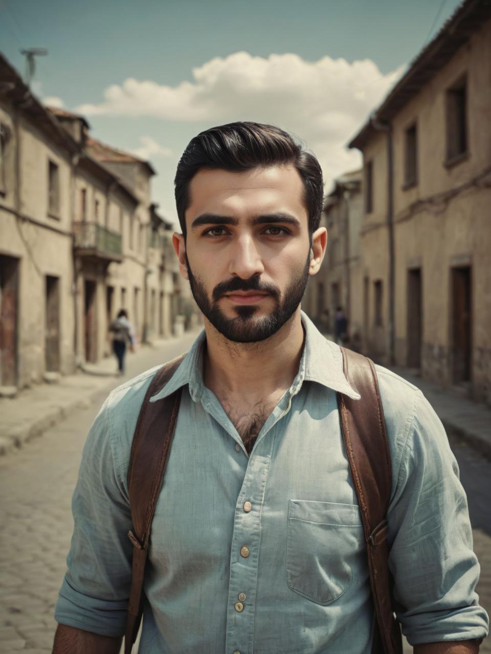 Face Swap, Vintage Style, Photographic Art , People, man, vintage style, 1boy, shirt, male focus, facial hair, beard, outdoors, day, collared shirt, sky, looking at viewer, blurry, black hair, blue shirt, blurry background, realistic, upper body, cloud, short hair, solo, closed mouth, sleeves rolled up, mature male, bag, building, white shirt, backpack