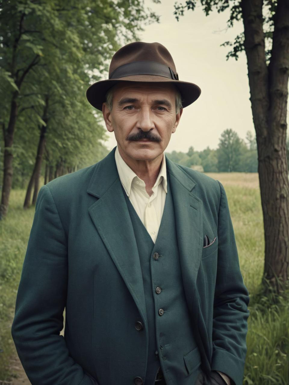 Face Swap, Vintage Style, Photographic Art , People, man, vintage style, 1boy, male focus, solo, hat, outdoors, shirt, tree, facial hair, jacket, looking at viewer, hands in pockets, white shirt, mustache, collared shirt, realistic, vest, pants, buttons, day, grass, green jacket, long sleeves, belt, brown headwear, formal, blue jacket, short hair