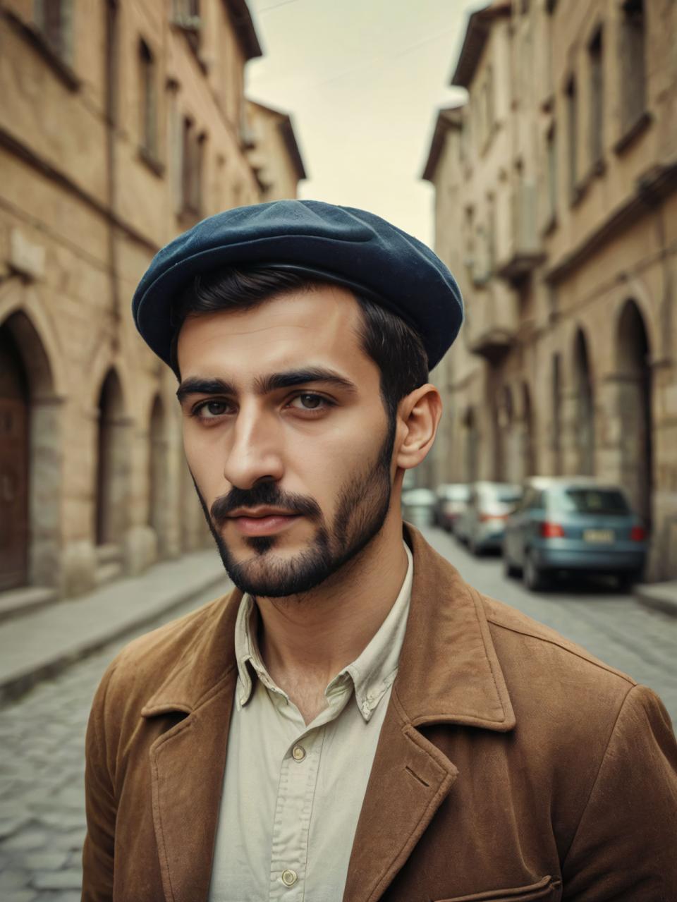 Face Swap, Vintage Style, Photographic Art , People, man, vintage style, 1boy, facial hair, male focus, solo, shirt, realistic, hat, outdoors, brown jacket, beard, black hair, blurry, looking at viewer, white shirt, blurry background, car, motor vehicle, mustache, jacket, collared shirt, day, building, ground vehicle, upper body, city, short hair, photo background, road, closed mouth, open clothes