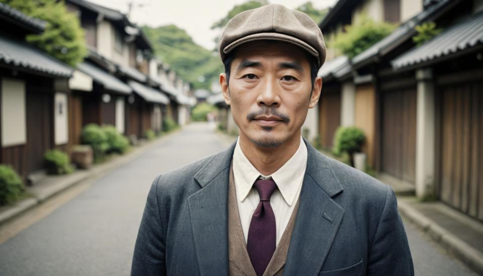 Face Swap, Vintage Style, Photographic Art , People, man, vintage style, 1boy, male focus, necktie, hat, solo, facial hair, shirt, outdoors, purple necktie, blurry, looking at viewer, jacket, collared shirt, white shirt, blurry background, realistic, day, upper body, black hair, mustache, formal, vest, tree, photo background, suit, black eyes, building