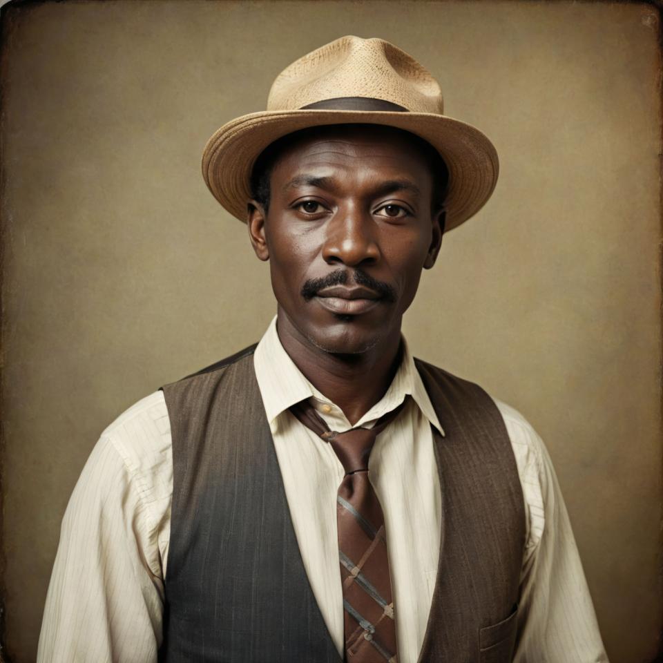 Face Swap, Vintage Style, Photographic Art , People, man, vintage style, 1boy, male focus, solo, realistic, hat, dark skin, necktie, facial hair, dark-skinned male, vest, black hair, shirt, looking at viewer, mustache, upper body, brown eyes, manly