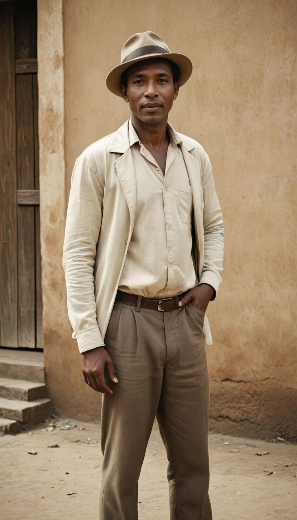 Face Swap, Vintage Style, Photographic Art , People, man, vintage style, 1boy, solo, male focus, hat, facial hair, dark skin, dark-skinned male, shirt, pants, belt, realistic, hand in pocket, beard, looking at viewer, white shirt, jacket, standing, white jacket, cowboy hat, manly, outdoors, collared shirt, brown pants, cowboy western, mustache, long sleeves