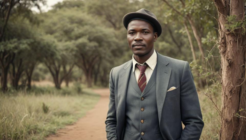 Face Swap, Vintage Style, Photographic Art , People, man, vintage style, 1boy, male focus, necktie, tree, solo, hat, outdoors, formal, shirt, grey jacket, red necktie, jacket, facial hair, suit, vest, realistic, dark-skinned male, looking at viewer, day, photo background, striped, dark skin, collared shirt, white shirt, grass, striped necktie, black hair, blurry, buttons, manly, black headwear, blurry background, upper body