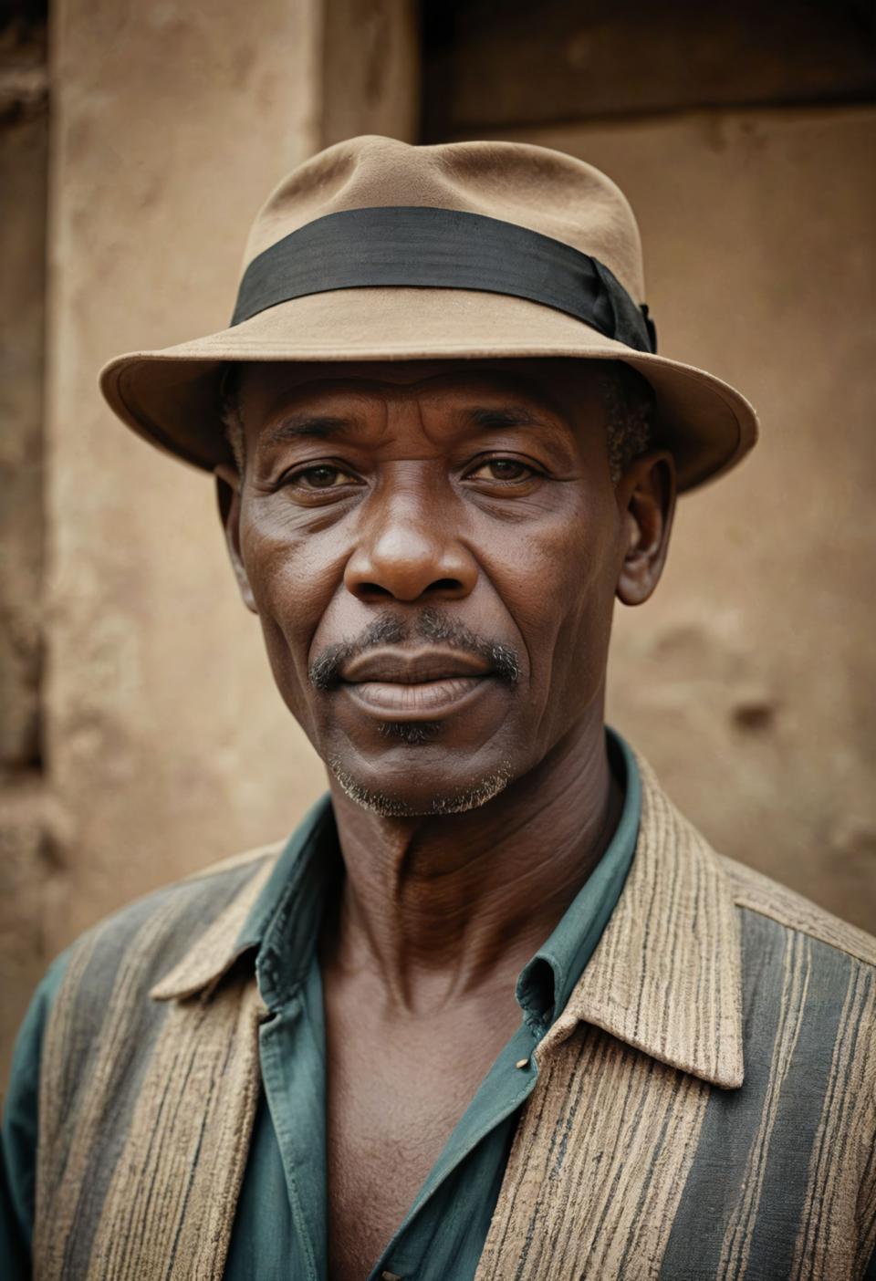 Face Swap, Vintage Style, Photographic Art , People, man, vintage style, 1boy, male focus, hat, solo, facial hair, realistic, shirt, striped, looking at viewer, smile, mustache, upper body, beard, collared shirt, brown headwear, blue shirt, striped shirt, manly, brown eyes, blurry background