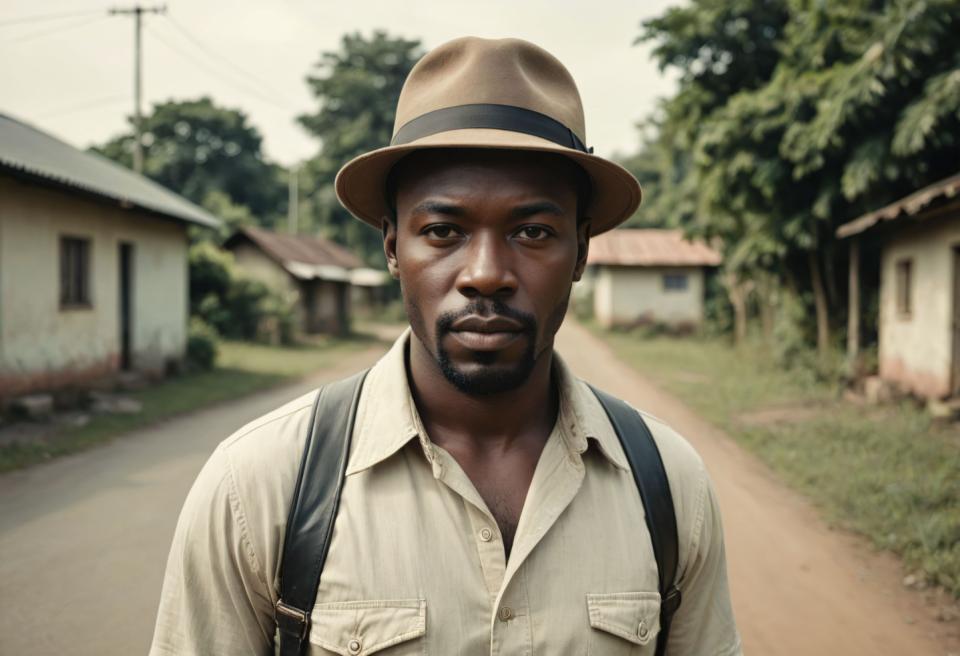 Face Swap, Vintage Style, Photographic Art , People, man, vintage style, 1boy, male focus, solo, hat, facial hair, shirt, realistic, beard, outdoors, looking at viewer, house, dark skin, collared shirt, tree, dark-skinned male, upper body, blurry, photo background, day, white shirt, blurry background, road, brown eyes, building, suspenders