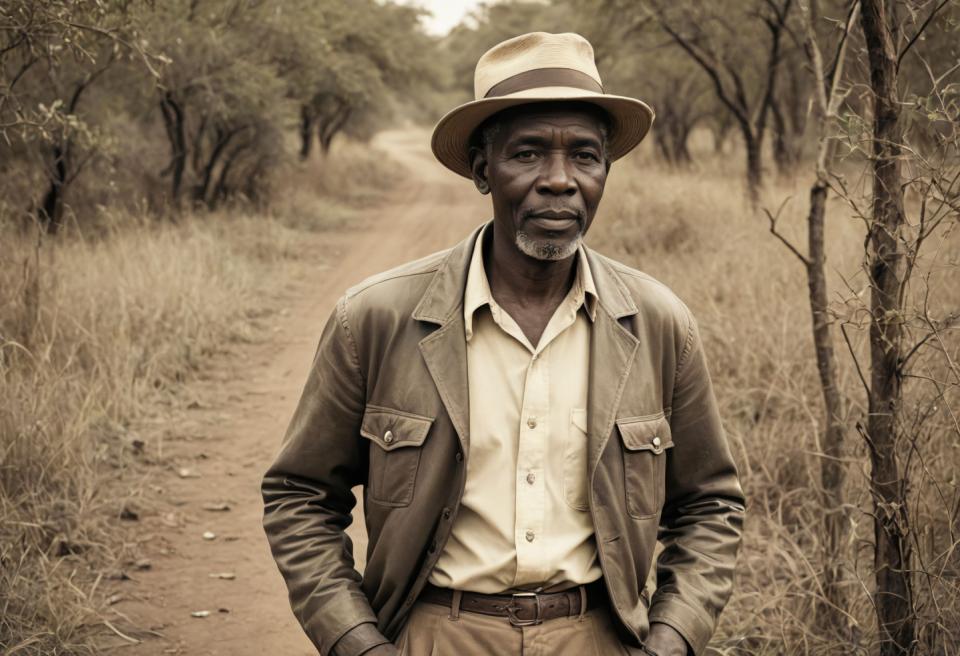 Face Swap, Vintage Style, Photographic Art , People, man, vintage style, 1boy, male focus, solo, hat, facial hair, beard, shirt, outdoors, tree, jacket, dark skin, dark-skinned male, hands in pockets, belt, looking at viewer, realistic, collared shirt, sepia, nature, pants, photo background, cowboy hat, monochrome, forest, brown jacket, open jacket, manly, mustache, open clothes