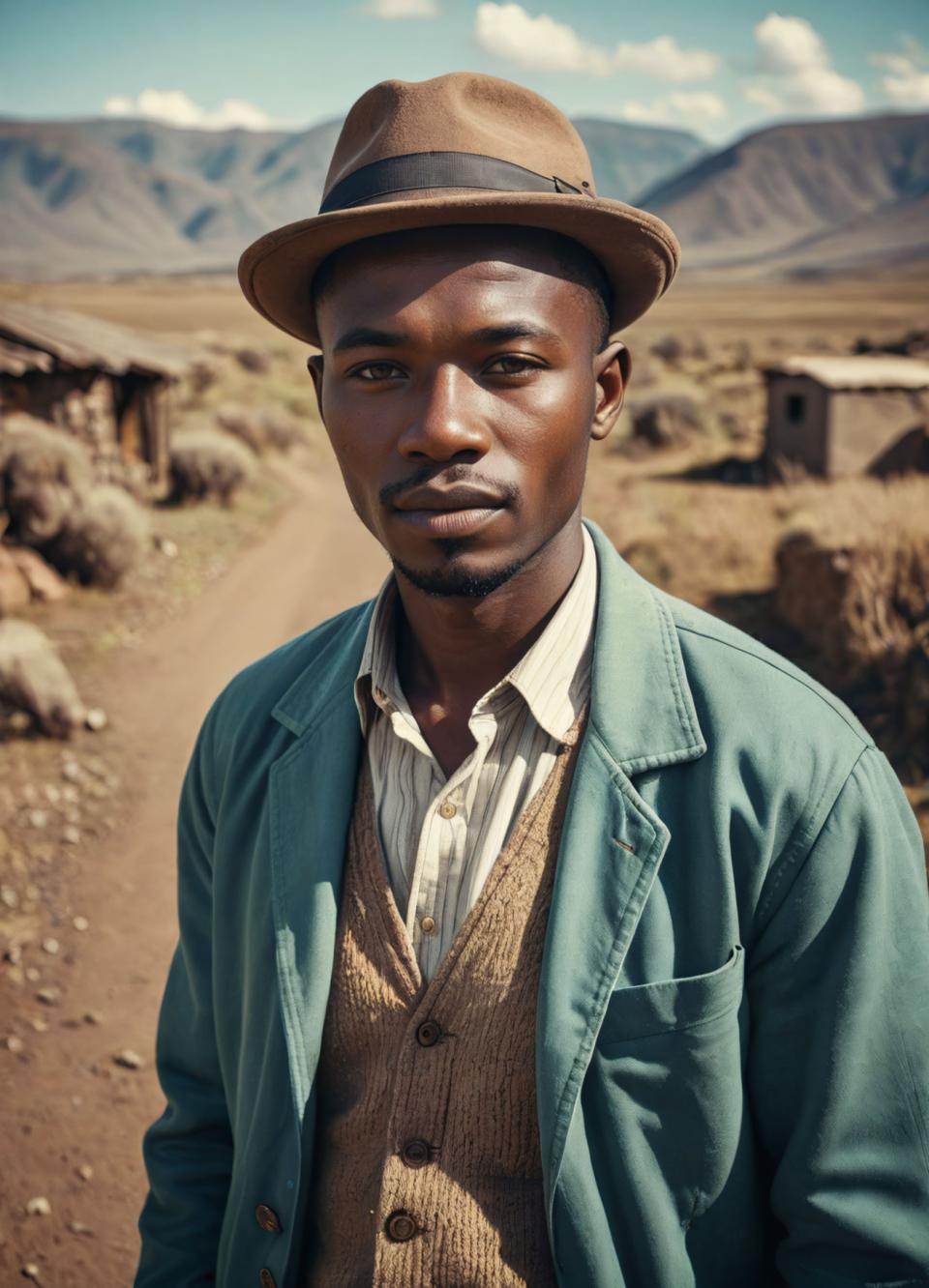 Face Swap, Vintage Style, Photographic Art , People, man, vintage style, 1boy, male focus, solo, hat, shirt, outdoors, facial hair, jacket, looking at viewer, day, white shirt, realistic, vest, sky, collared shirt, upper body, brown headwear, buttons, blurry background, dark skin, blue jacket, desert, brown vest, mountain, blurry, dark-skinned male, brown eyes, short hair, artist name, blue sky, manly, signature, closed mouth, open clothes, beard, black hair