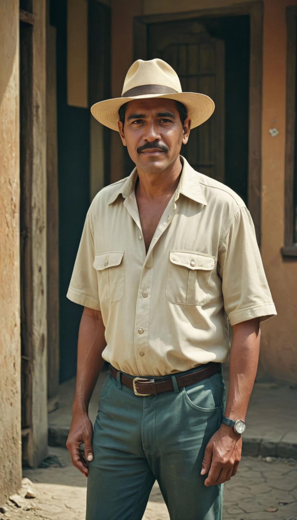 Face Swap, Vintage Style, Photographic Art , People, man, vintage style, 1boy, male focus, solo, hat, facial hair, belt, shirt, pants, watch, denim, white shirt, mustache, realistic, beard, pocket, looking at viewer, jeans, collared shirt, wristwatch, breast pocket, black hair, outdoors, cowboy hat, short sleeves, standing, blue pants, arm hair, door, cowboy shot, brown belt