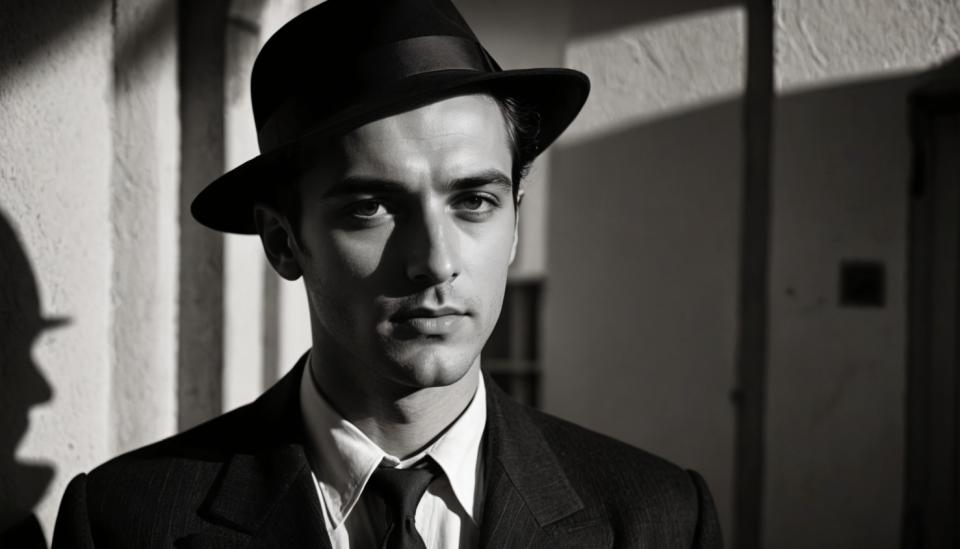 Face Swap, Black and White Photography, Photographic Art , People, man, vintage style, greyscale, monochrome, 1boy, hat, male focus, necktie, realistic, looking at viewer, formal, shirt, suit, collared shirt, solo, closed mouth, blurry, upper body, jacket