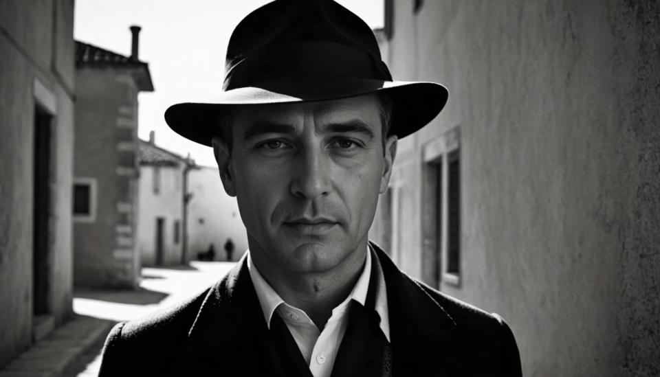 Face Swap, Black and White Photography, Photographic Art , People, man, vintage style, 1boy, greyscale, monochrome, male focus, hat, realistic, solo, looking at viewer, necktie, outdoors, blurry, photo background, collared shirt, upper body, shirt, blurry background, formal