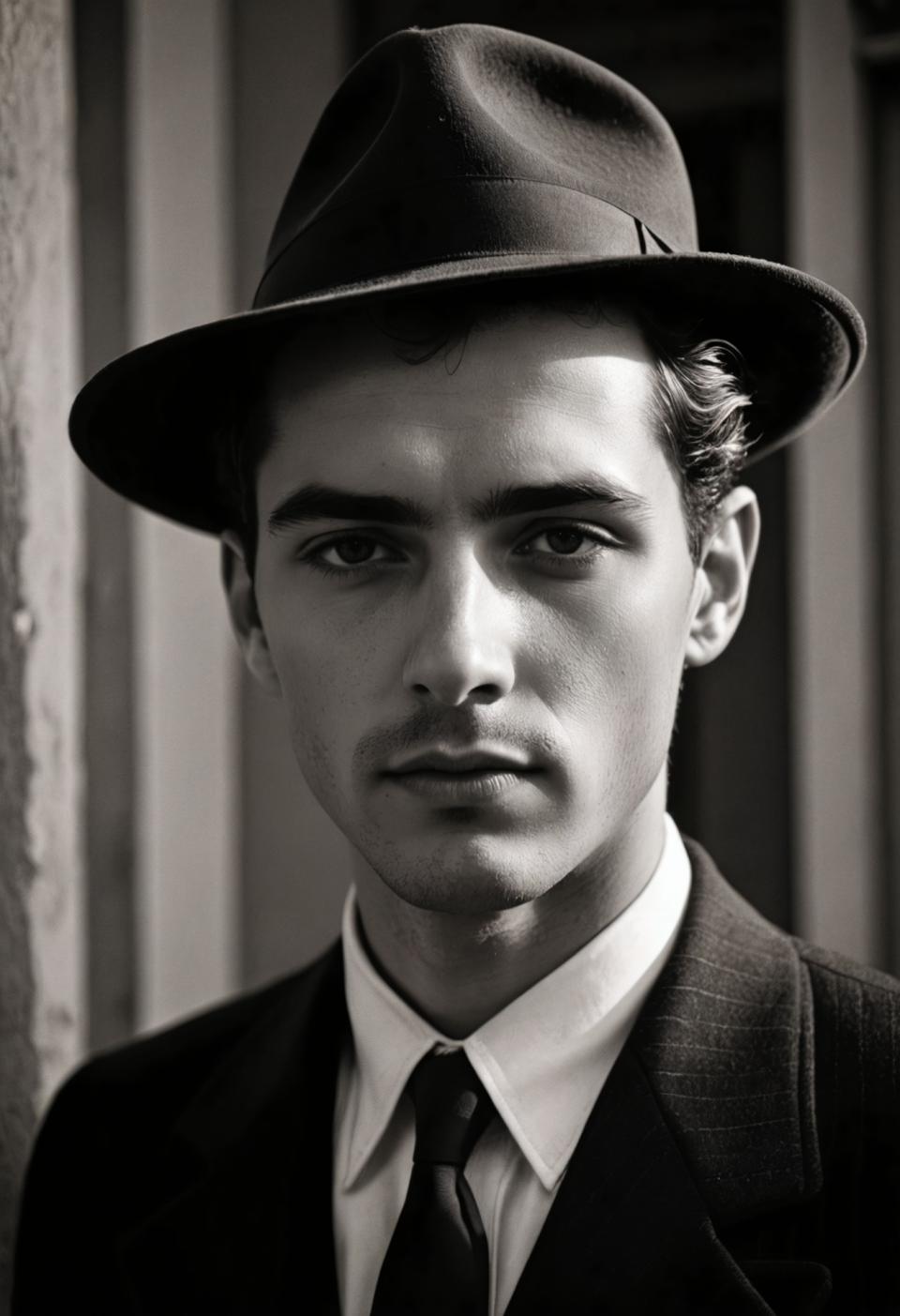 Face Swap, Black and White Photography, Photographic Art , People, man, vintage style, 1boy, monochrome, male focus, greyscale, solo, hat, realistic, necktie, looking at viewer, formal, suit, shirt, collared shirt