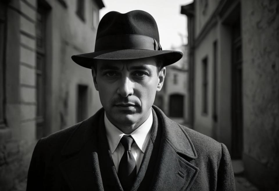 Face Swap, Black and White Photography, Photographic Art , People, man, vintage style, greyscale, 1boy, monochrome, male focus, hat, solo, necktie, realistic, looking at viewer, blurry, shirt, blurry background, collared shirt, outdoors, upper body, formal, closed mouth, jacket