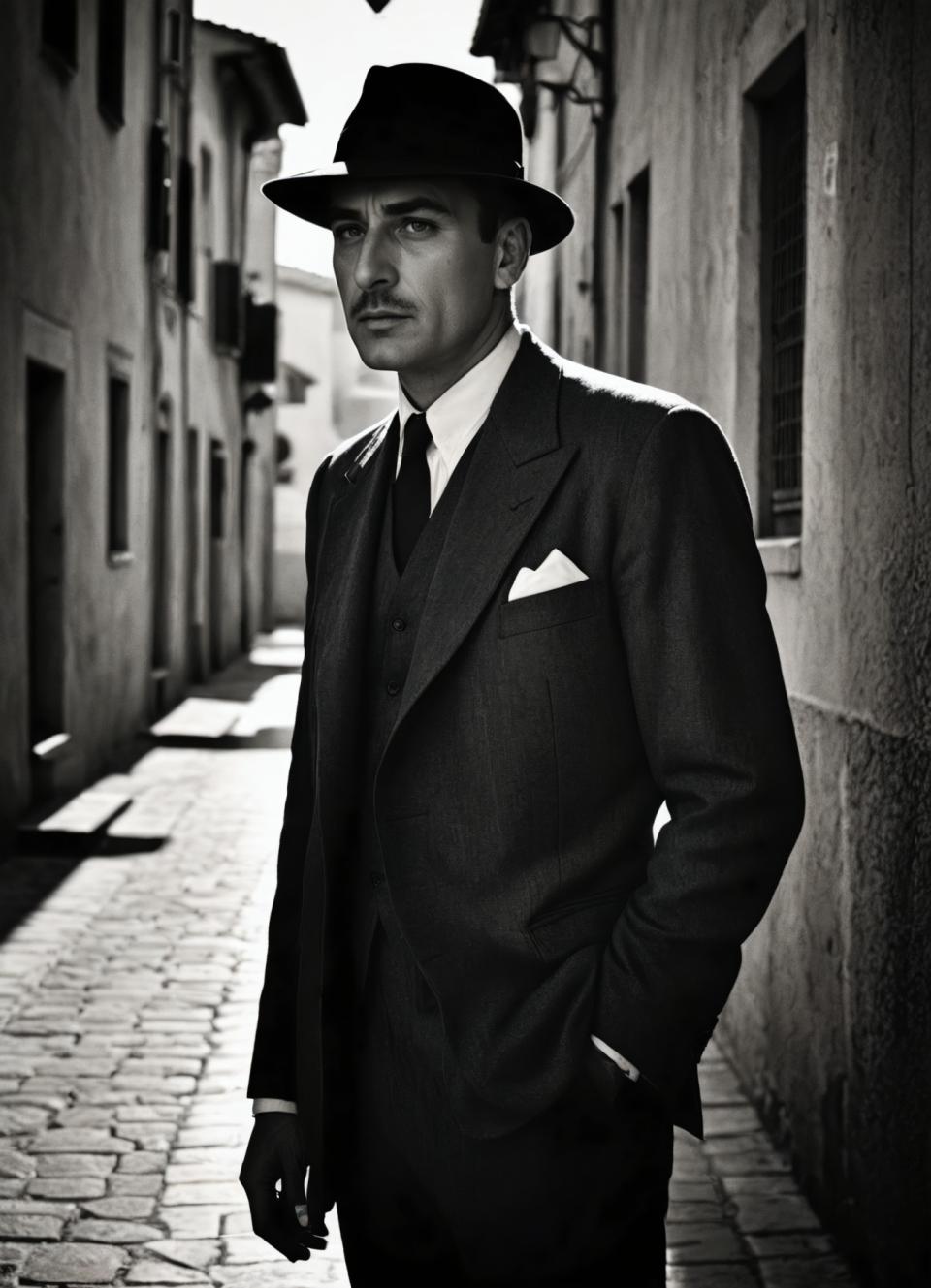 Face Swap, Black and White Photography, Photographic Art , People, man, vintage style, 1boy, male focus, greyscale, monochrome, solo, hat, realistic, outdoors, hand in pocket, necktie, shirt, formal, jacket, suit, collared shirt, pants, looking at viewer, standing, photo background, long sleeves, cowboy shot, blurry, street