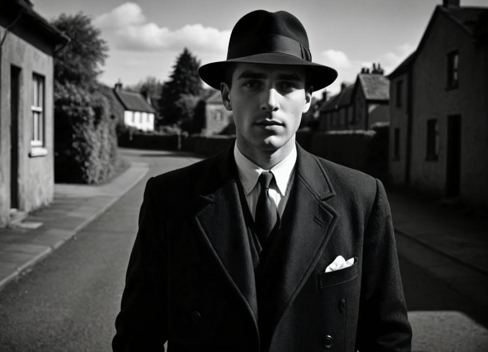 Face Swap, Black and White Photography, Photographic Art , People, man, vintage style, 1boy, greyscale, monochrome, male focus, hat, solo, necktie, outdoors, formal, looking at viewer, suit, jacket, upper body, realistic, shirt, tree