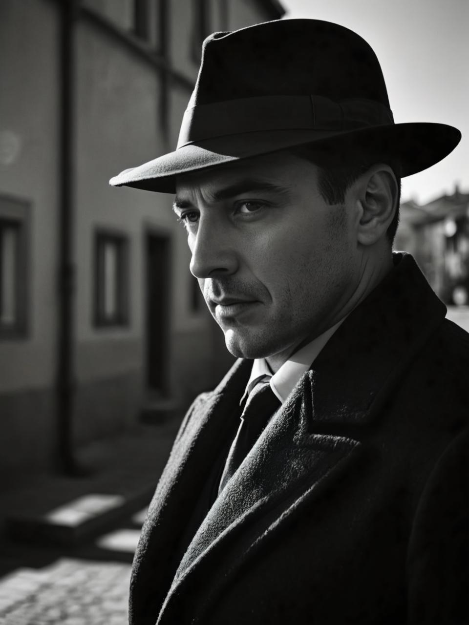 Face Swap, Black and White Photography, Photographic Art , People, man, vintage style, 1boy, greyscale, monochrome, male focus, hat, solo, realistic, necktie, looking at viewer, blurry, formal, blurry background, facial hair, upper body, suit, shirt