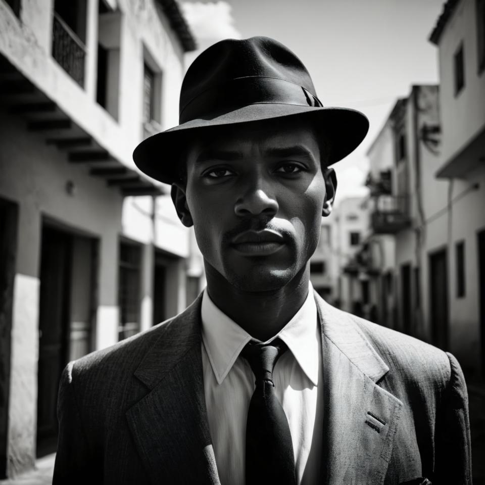 Face Swap, Black and White Photography, Photographic Art , People, man, vintage style, greyscale, 1boy, monochrome, male focus, solo, necktie, hat, realistic, formal, dark skin, suit, looking at viewer, dark-skinned male, shirt, outdoors, upper body, jacket, collared shirt, blurry