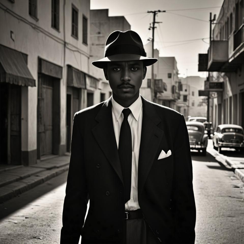 Face Swap, Black and White Photography, Photographic Art , People, man, vintage style, 1boy, necktie, monochrome, male focus, greyscale, solo, hat, dark skin, dark-skinned male, car, outdoors, ground vehicle, formal, road, shirt, looking at viewer, realistic, suit, motor vehicle, jacket, street, photo background, building, belt, pants, collared shirt