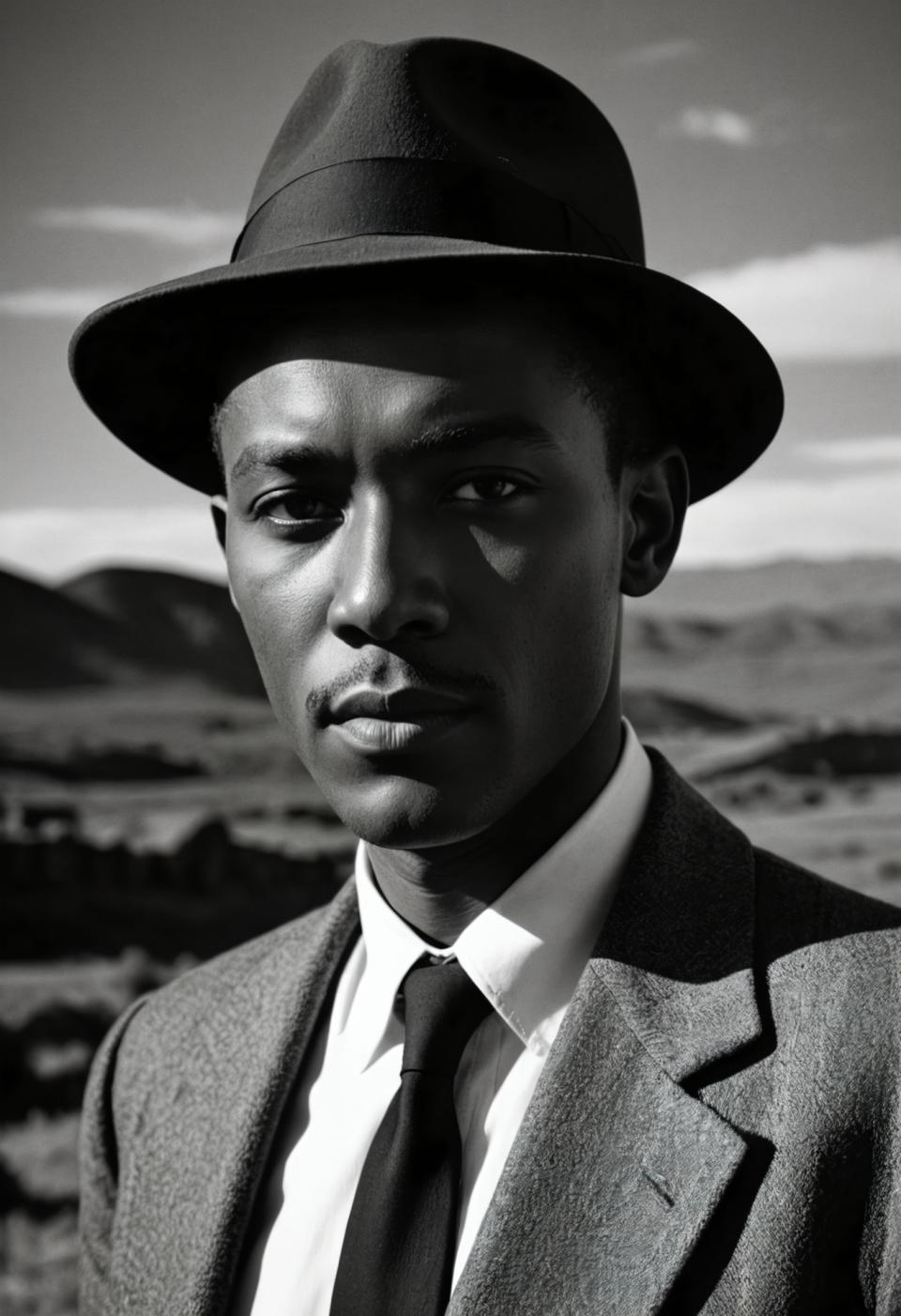 Face Swap, Black and White Photography, Photographic Art , People, man, vintage style, greyscale, 1boy, monochrome, male focus, solo, hat, necktie, formal, realistic, suit, dark skin, looking at viewer, dark-skinned male, upper body, shirt, parody