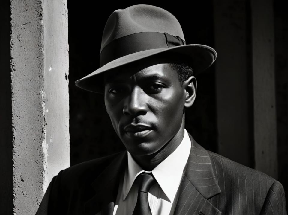 Face Swap, Black and White Photography, Photographic Art , People, man, vintage style, 1boy, monochrome, greyscale, male focus, hat, solo, necktie, formal, suit, realistic, dark skin, fedora, looking at viewer, parody, striped, dark-skinned male