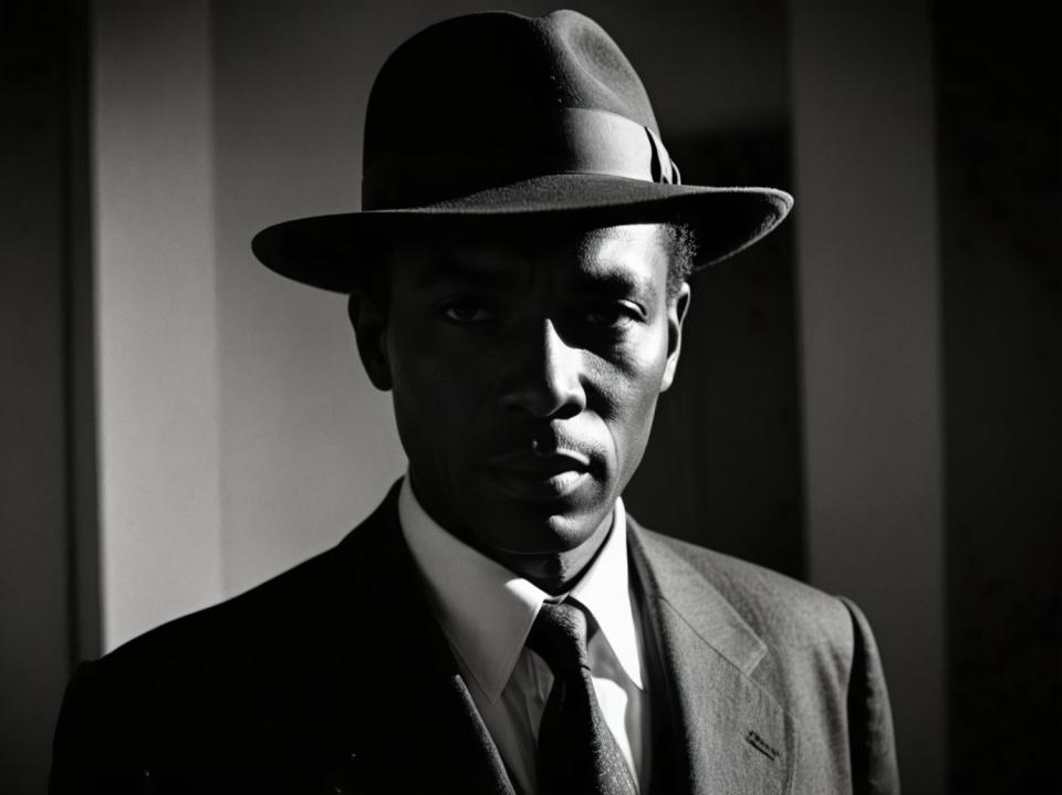 Face Swap, Black and White Photography, Photographic Art , People, man, vintage style, 1boy, greyscale, monochrome, male focus, solo, hat, necktie, realistic, formal, suit, shirt, looking at viewer, collared shirt, jacket, upper body, closed mouth