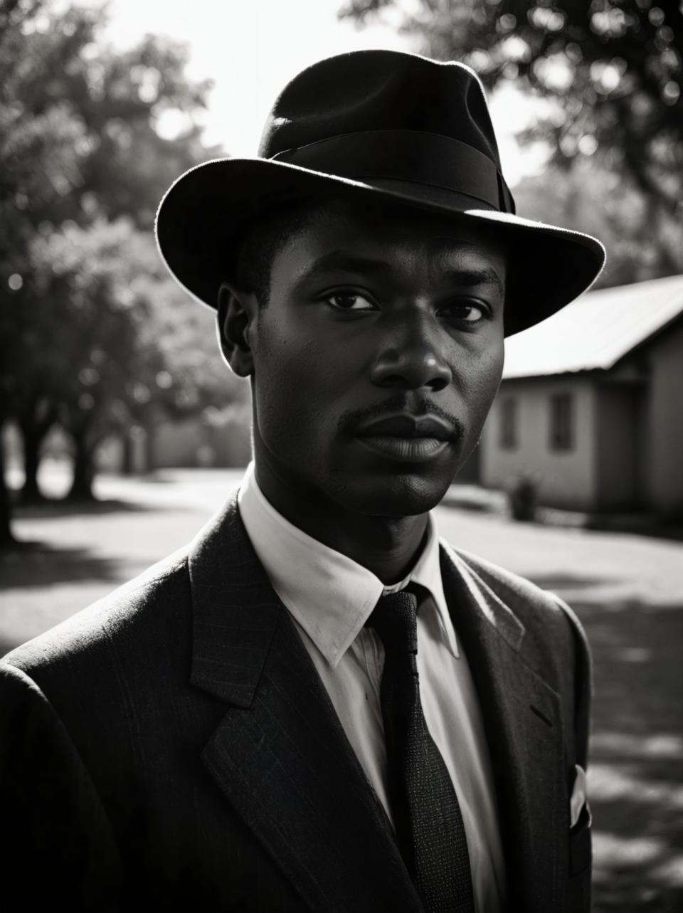 Face Swap, Black and White Photography, Photographic Art , People, man, vintage style, greyscale, monochrome, 1boy, male focus, solo, dark skin, necktie, hat, dark-skinned male, formal, suit, realistic, looking at viewer, blurry, blurry background, upper body, shirt, very dark skin, jacket