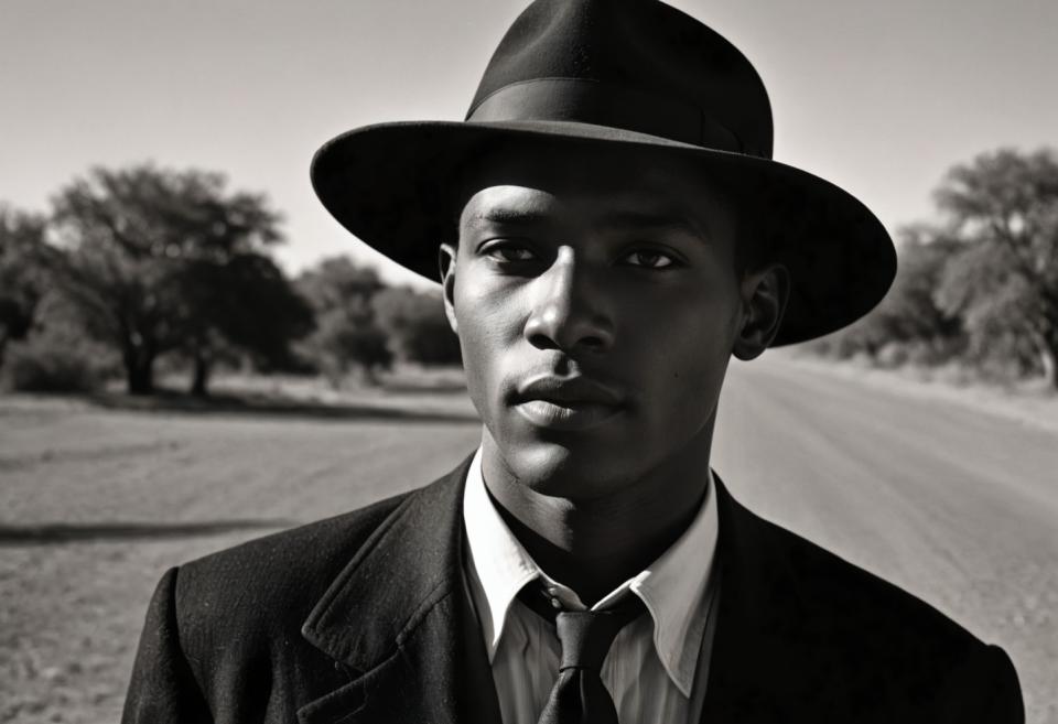 Face Swap, Black and White Photography, Photographic Art , People, man, vintage style, 1boy, monochrome, male focus, greyscale, solo, hat, realistic, necktie, formal, suit, parody, dark skin, tree, outdoors, photo background, dark-skinned male