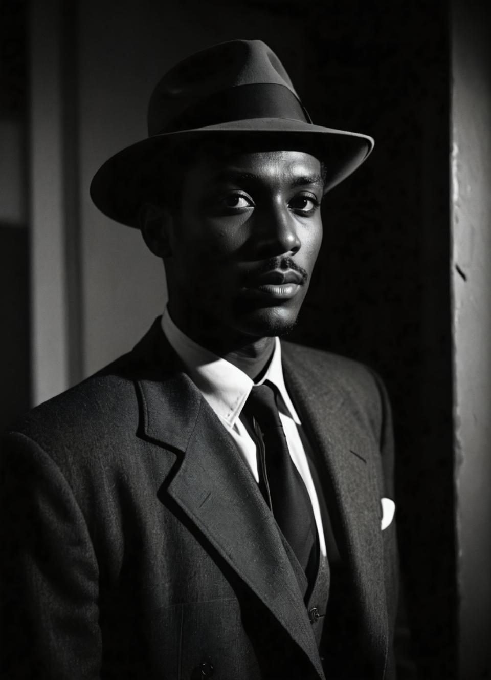 Face Swap, Black and White Photography, Photographic Art , People, man, vintage style, greyscale, monochrome, 1boy, solo, male focus, necktie, hat, dark skin, dark-skinned male, formal, suit, shirt, upper body, jacket, collared shirt, realistic, looking at viewer