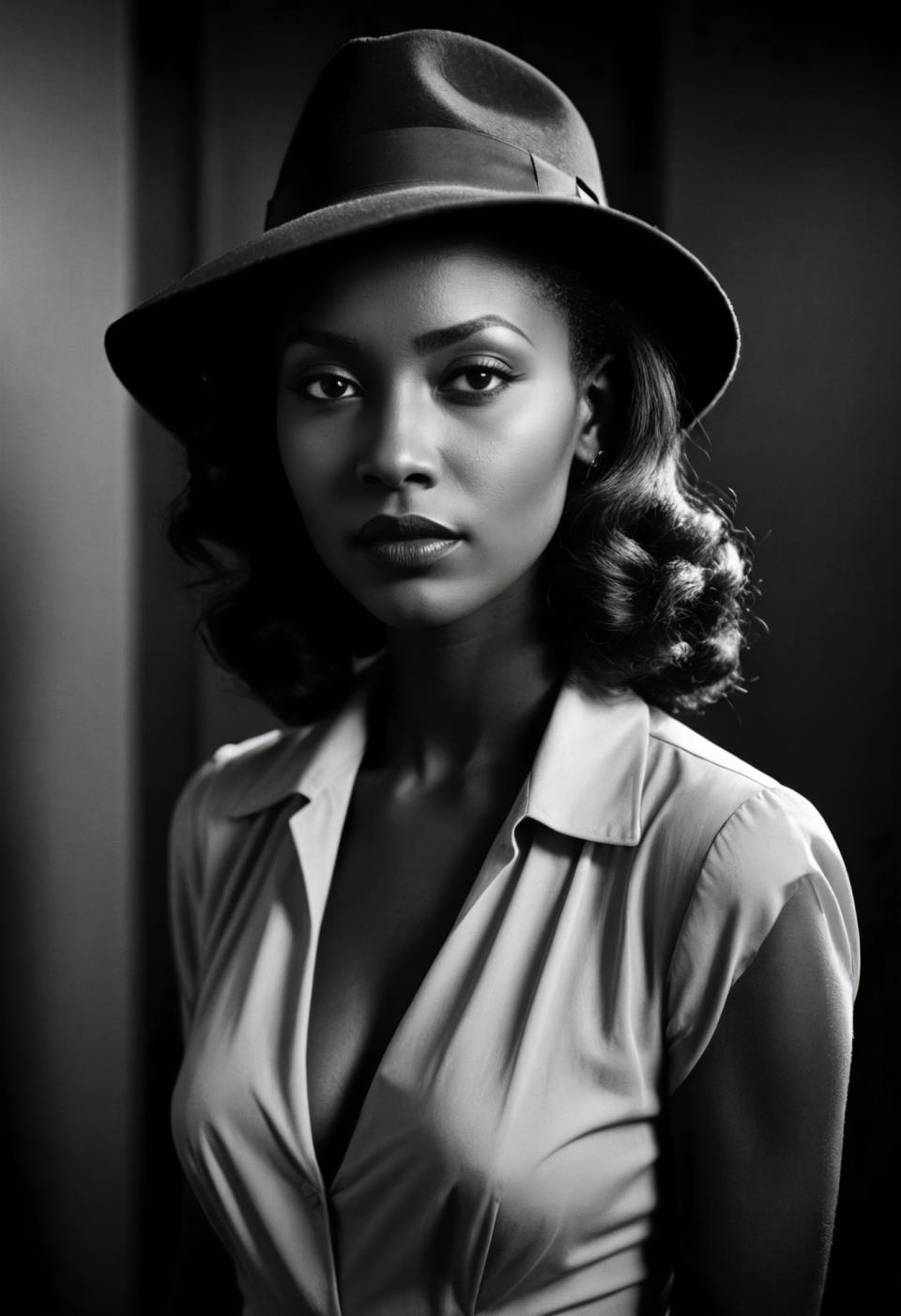 Face Swap, Black and White Photography, Photographic Art , People, woman, vintage style, 1girl, greyscale, solo, monochrome, hat, realistic, curly hair, upper body, looking at viewer, lips, dark skin, breasts, nose, cleavage