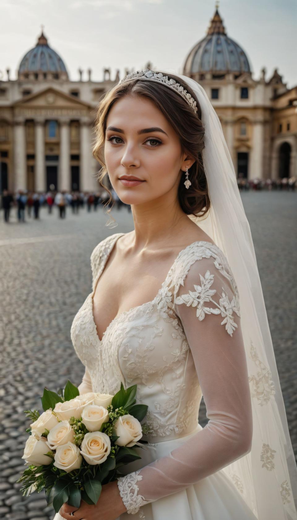 Gezicht Wisselen, Bruidsfotografie, Fotokunst, Mensen, vrouw,bruidsfotografie, 1meisje, jurk, sluier, bloem, sieraden, boeket, oorbellen, trouwjurk, solo, bruidssluier, bruin haar, borsten, realistisch, witte jurk, inkijk, kijken naar kijker, kerk, bruine ogen, tiara, vasthouden, buitenshuis, middelgrote borsten, bruid, ring, boeket vasthouden, onscherpe achtergrond, witte roos, wazig, lippen