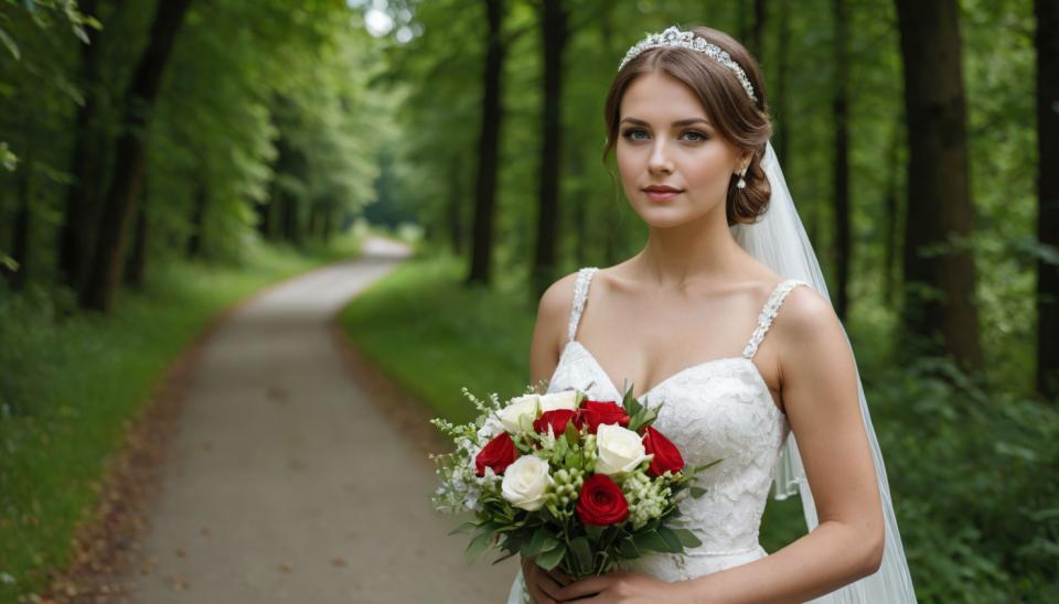 Gezicht Wisselen, Bruidsfotografie, Fotokunst, Mensen, vrouw,bruidsfotografie, 1meisje, bloem, boeket, jurk, solo, bruin haar, sluier, trouwjurk, realistisch, sieraden, oorbellen, bruidssluier, borsten, bruid, witte jurk, tiara, inkijk, boom, buitenshuis, vasthouden, roos, natuur, middelgrote borsten, wazig