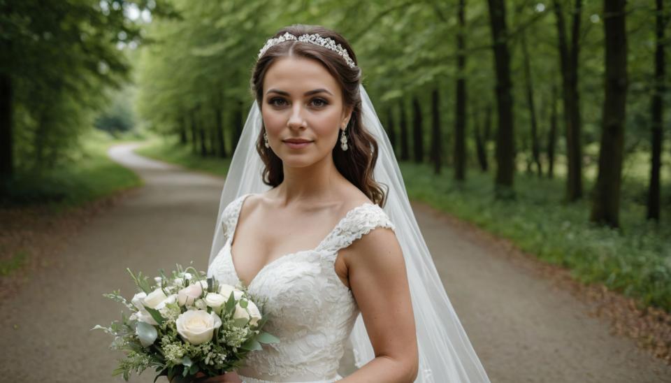 Gezicht Wisselen, Bruidsfotografie, Fotokunst, Mensen, vrouw,bruidsfotografie, 1meisje, sluier, boeket, trouwjurk, solo, jurk, bruin haar, bloem, oorbellen, sieraden, bruidssluier, realistisch, borsten, bruid, inkijk, foto achtergrond, tiara, witte jurk, bruine ogen, kijken naar kijker, vasthouden, boeket vasthouden, glimlach, buitenshuis, boom, middelgrote borsten