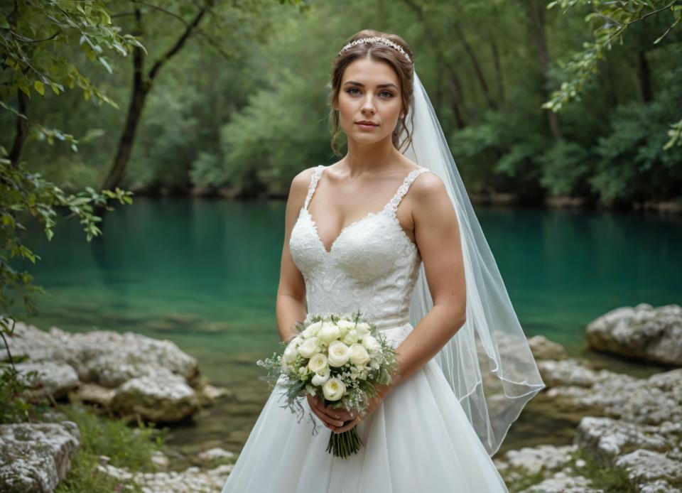 Gezicht Wisselen, Bruidsfotografie, Fotokunst, Mensen, vrouw,bruidsfotografie, 1meisje, jurk, boeket, sluier, realistisch, trouwjurk, solo, bruin haar, bloem, borsten, bruidssluier, inkijk, witte jurk, bruid, sieraden, oorbellen, kijken naar kijker, natuur, vasthouden, middelgrote borsten, boom, boeket vasthouden, buitenshuis, water, wazig