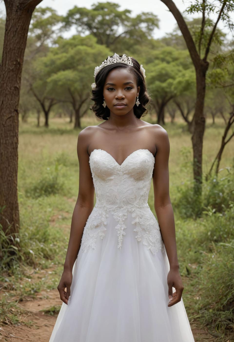 Gezicht Wisselen, Bruidsfotografie, Fotokunst, Mensen, vrouw,bruidsfotografie, 1meisje, jurk, solo, realistisch, sieraden, witte jurk, boom, oorbellen, zwart haar, donkere huid, tiara, foto achtergrond, vrouw met een donkere huidskleur, kijken naar kijker, buitenshuis, blote schouders, cosplay, strapless, strapless jurkje, borsten, armen langs de zijkanten, staan