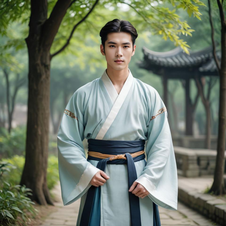 Face Swap, Chinese Hanfu, Photographic Art , People, man, hanfu style, solo, black hair, male focus, 1boy, outdoors, realistic, tree, blurry, looking at viewer, standing, day, blurry background, wide sleeves, black eyes, long sleeves, brown eyes, lips, short hair, east asian architecture