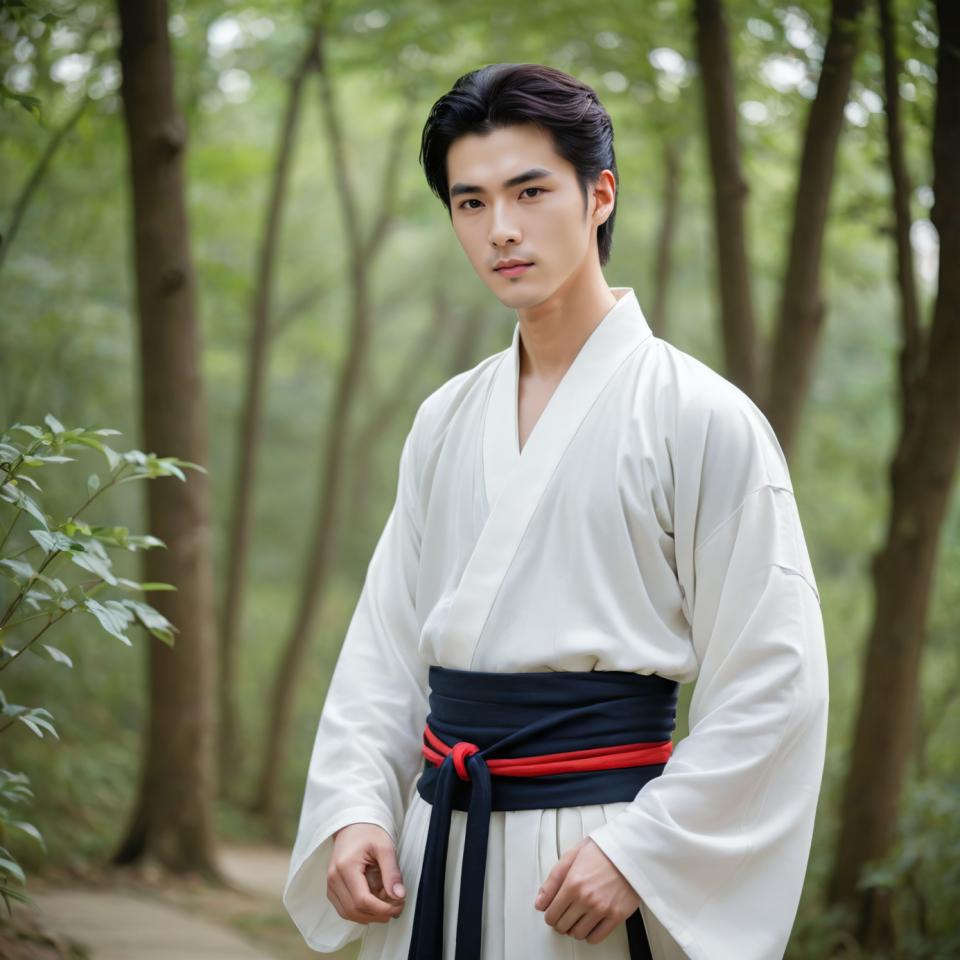 Face Swap, Chinese Hanfu, Photographic Art , People, man, hanfu style, solo, black hair, realistic, male focus, 1boy, outdoors, blurry background, blurry, looking at viewer, tree, day, nature, black eyes, standing, lips, dougi, long sleeves, short hair, forest