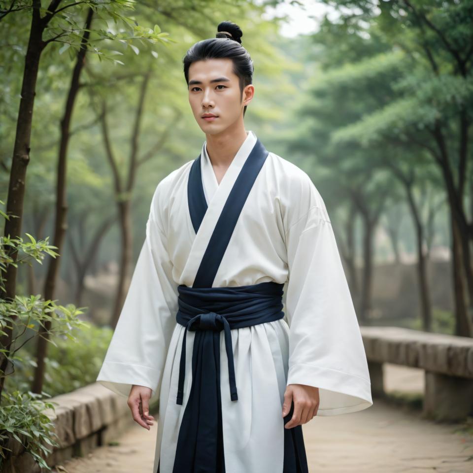 Face Swap, Chinese Hanfu, Photographic Art , People, man, hanfu style, solo, realistic, black hair, outdoors, blurry background, blurry, hair bun, tree, male focus, single hair bun, standing, 1boy, day, black eyes, looking at viewer, japanese clothes, long sleeves, lips