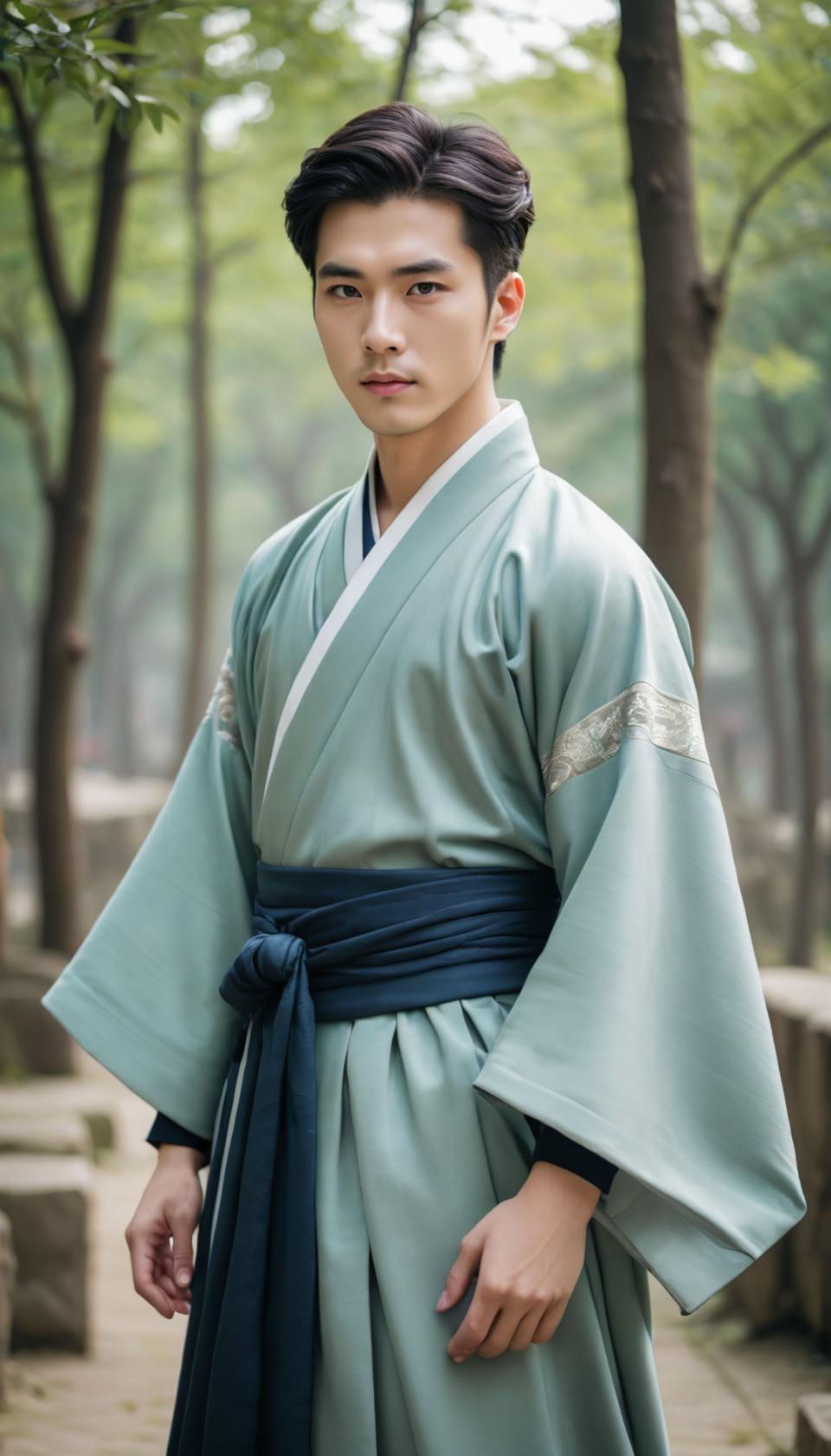 Face Swap, Chinese Hanfu, Photographic Art , People, man, hanfu style, solo, black hair, realistic, outdoors, tree, blurry background, male focus, japanese clothes, looking at viewer, 1boy, blurry, black eyes, standing, short hair, kimono, day, long sleeves