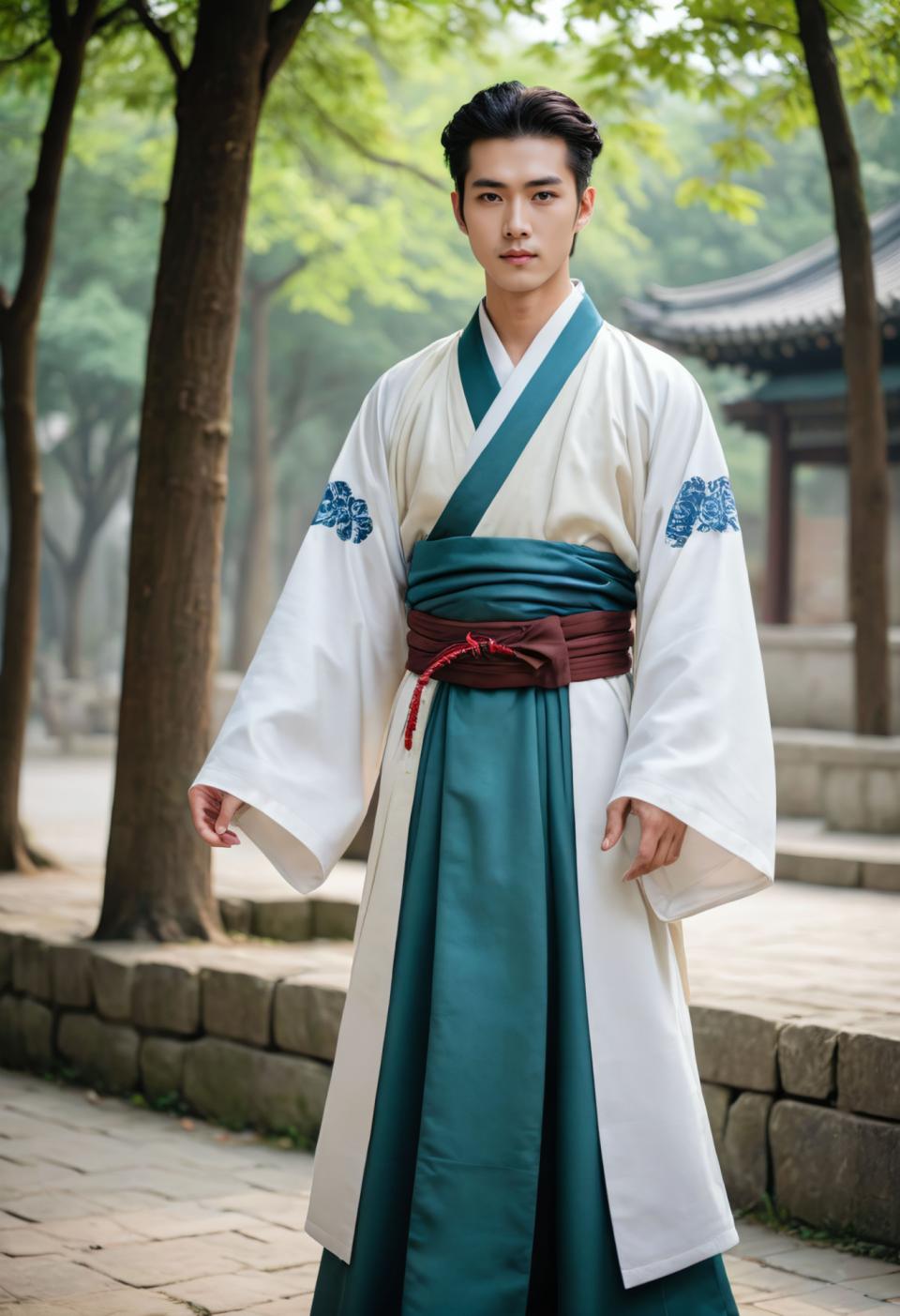 Face Swap, Chinese Hanfu, Photographic Art , People, man, hanfu style, solo, male focus, 1boy, tree, black hair, outdoors, looking at viewer, standing, blurry, day, realistic, sash, japanese clothes, blurry background, long sleeves, wide sleeves, east asian architecture, full body