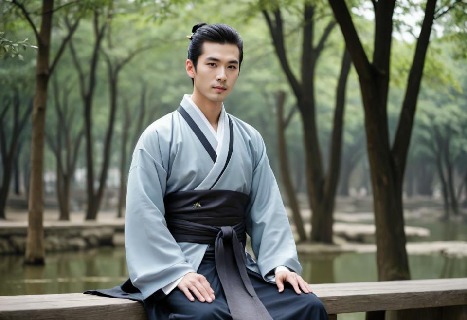 Face Swap, Chinese Hanfu, Photographic Art , People, man, hanfu style, solo, black hair, realistic, sitting, outdoors, hair bun, tree, blurry, looking at viewer, male focus, single hair bun, 1boy, blurry background, japanese clothes, lips, chinese clothes, day, long sleeves