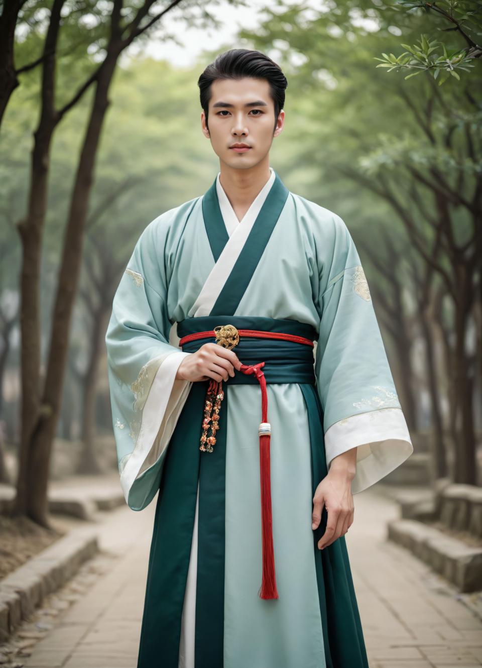 Face Swap, Chinese Hanfu, Photographic Art , People, man, hanfu style, black hair, solo, outdoors, looking at viewer, blurry, blurry background, male focus, realistic, tree, 1boy, standing, korean clothes, wide sleeves, day, short hair, black eyes, long sleeves, chinese clothes, holding