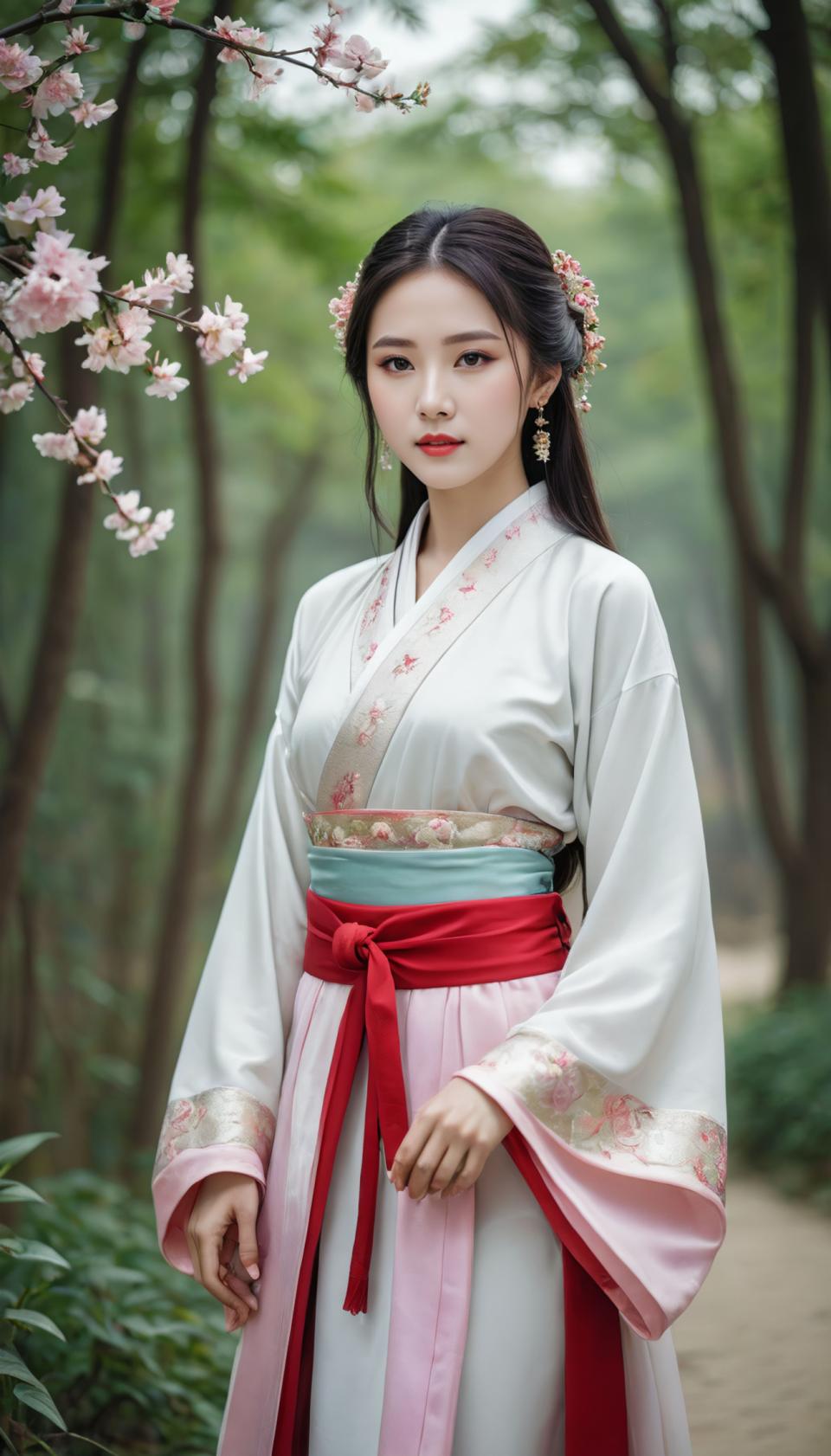 Face Swap, Chinese Hanfu, Photographic Art , People, woman, hanfu style, 1girl, solo, jewelry, earrings, black hair, flower, long hair, realistic, hair ornament, chinese clothes, blurry background, outdoors, hair flower, branch, blurry, tree, sash, red lips, looking at viewer, long sleeves, parted lips, standing, pink flower