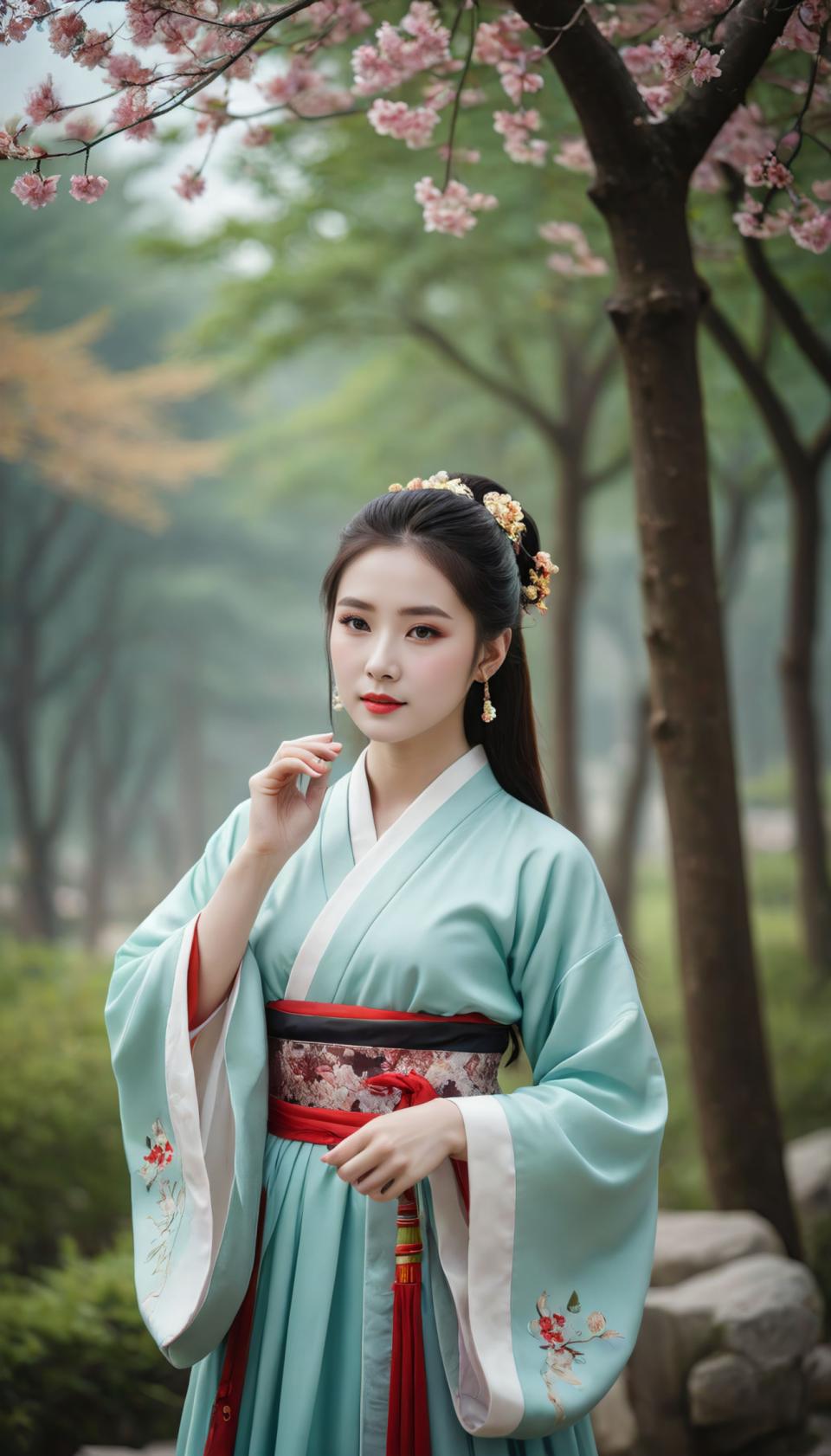 Face Swap, Chinese Hanfu, Photographic Art , People, woman, hanfu style, 1girl, solo, jewelry, earrings, black hair, hair ornament, chinese clothes, blurry background, long hair, outdoors, tree, flower, blurry, sash, realistic, looking at viewer, long sleeves, wide sleeves, ponytail, rock, branch, holding