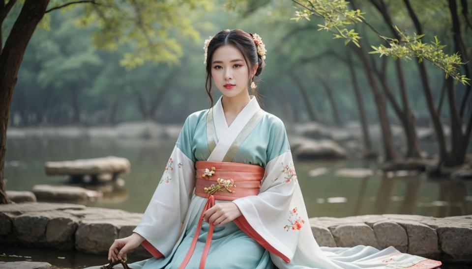 Face Swap, Chinese Hanfu, Photographic Art , People, woman, hanfu style, 1girl, solo, flower, hair ornament, chinese clothes, hanfu, hair flower, tree, outdoors, blurry background, sitting, black hair, blurry, branch, sash, holding, realistic, looking at viewer, brown eyes, wide sleeves, long sleeves