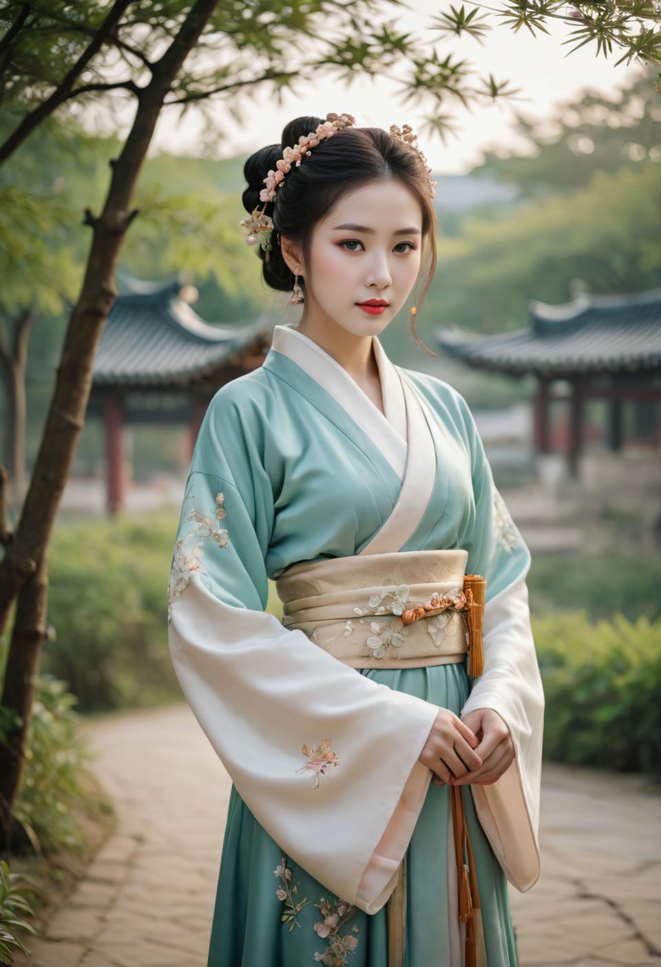 Face Swap, Chinese Hanfu, Photographic Art , People, woman, hanfu style, 1girl, solo, outdoors, earrings, black hair, jewelry, blurry background, hair ornament, blurry, tree, flower, realistic, chinese clothes, brown eyes, hair bun, standing, floral print, day, hair flower, sash, wide sleeves, looking at viewer, long sleeves, holding