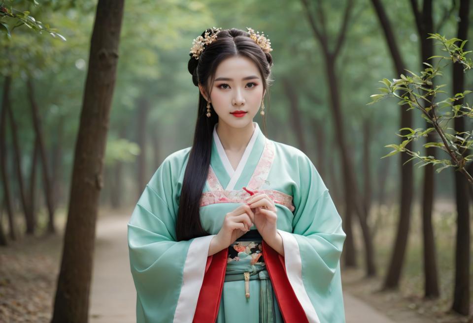 Face Swap, Chinese Hanfu, Photographic Art , People, woman, hanfu style, 1girl, solo, jewelry, earrings, long hair, blurry background, black hair, hair ornament, blurry, chinese clothes, outdoors, looking at viewer, upper body, flower, wide sleeves, hair flower, hanfu, realistic, long sleeves, tree, sash, day