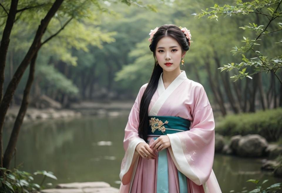 Face Swap, Chinese Hanfu, Photographic Art , People, woman, hanfu style, 1girl, solo, flower, jewelry, hair ornament, earrings, long hair, black hair, outdoors, hair flower, chinese clothes, blurry, blurry background, hanfu, realistic, nature, wide sleeves, looking at viewer, day, sash, long sleeves, tree, red lips, standing, brown eyes, forest, upper body