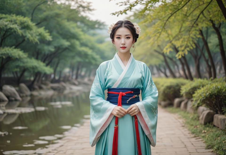 Face Swap, Chinese Hanfu, Photographic Art , People, woman, hanfu style, 1girl, solo, outdoors, hair flower, flower, earrings, hair ornament, jewelry, looking at viewer, tree, chinese clothes, red lips, black hair, sash, blurry, day, brown eyes, blurry background, wide sleeves, realistic, long sleeves, standing, hanfu