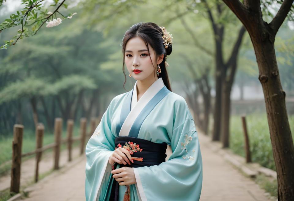 Photographic Art,Photographic Art , People, woman, hanfu style, 1girl, solo, flower, black hair, outdoors